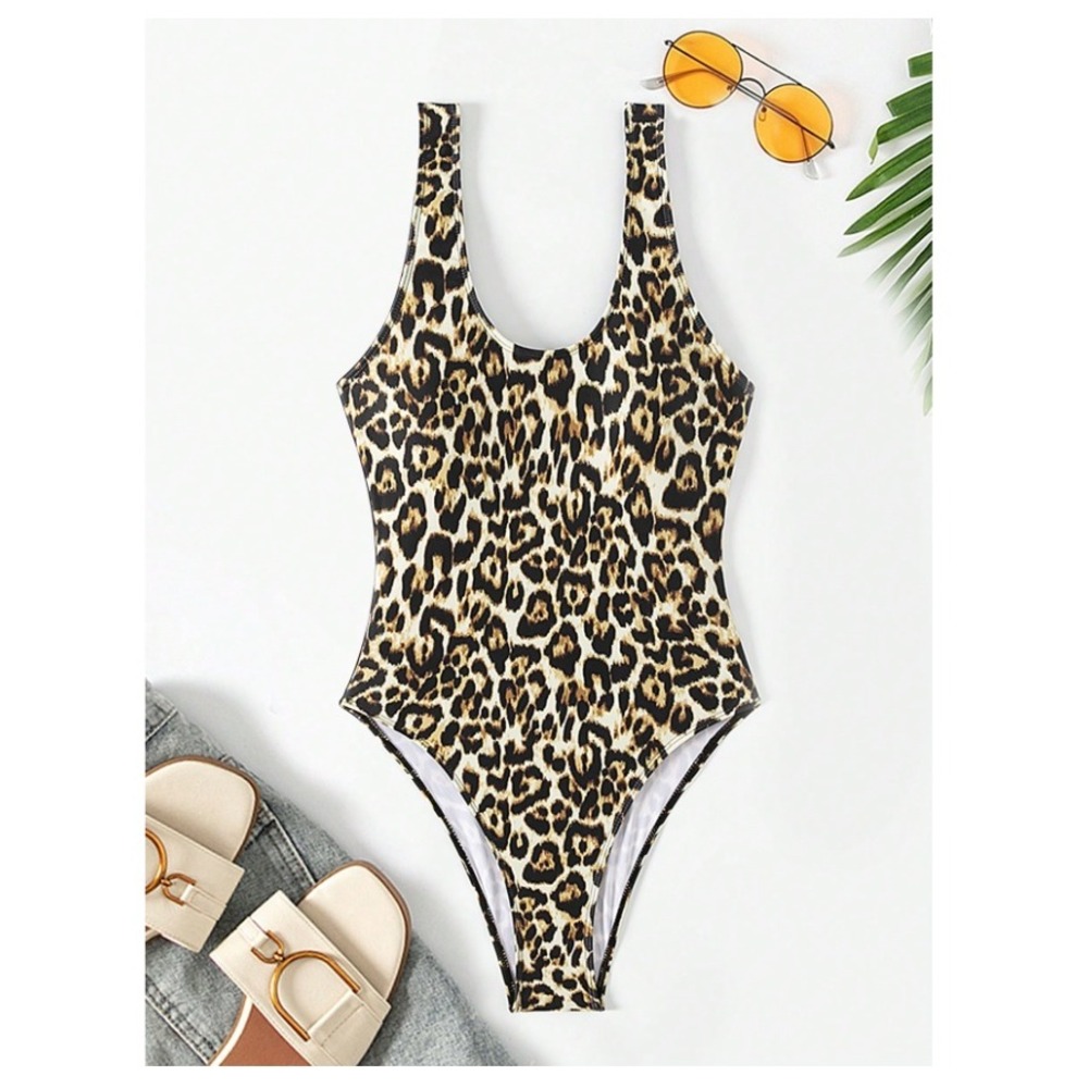 Women Leopard Print One Piece Swimsuit Scoop Neck High Cut Brown Black Size M